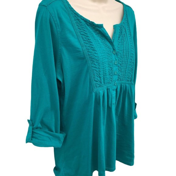 Charter Club Women's Blue Roll Tab Sleeves Pleated Pullover Blouse Top Size PL - Picture 3 of 7